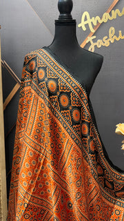 Ajrakh print Crape Silk Black Dupatta