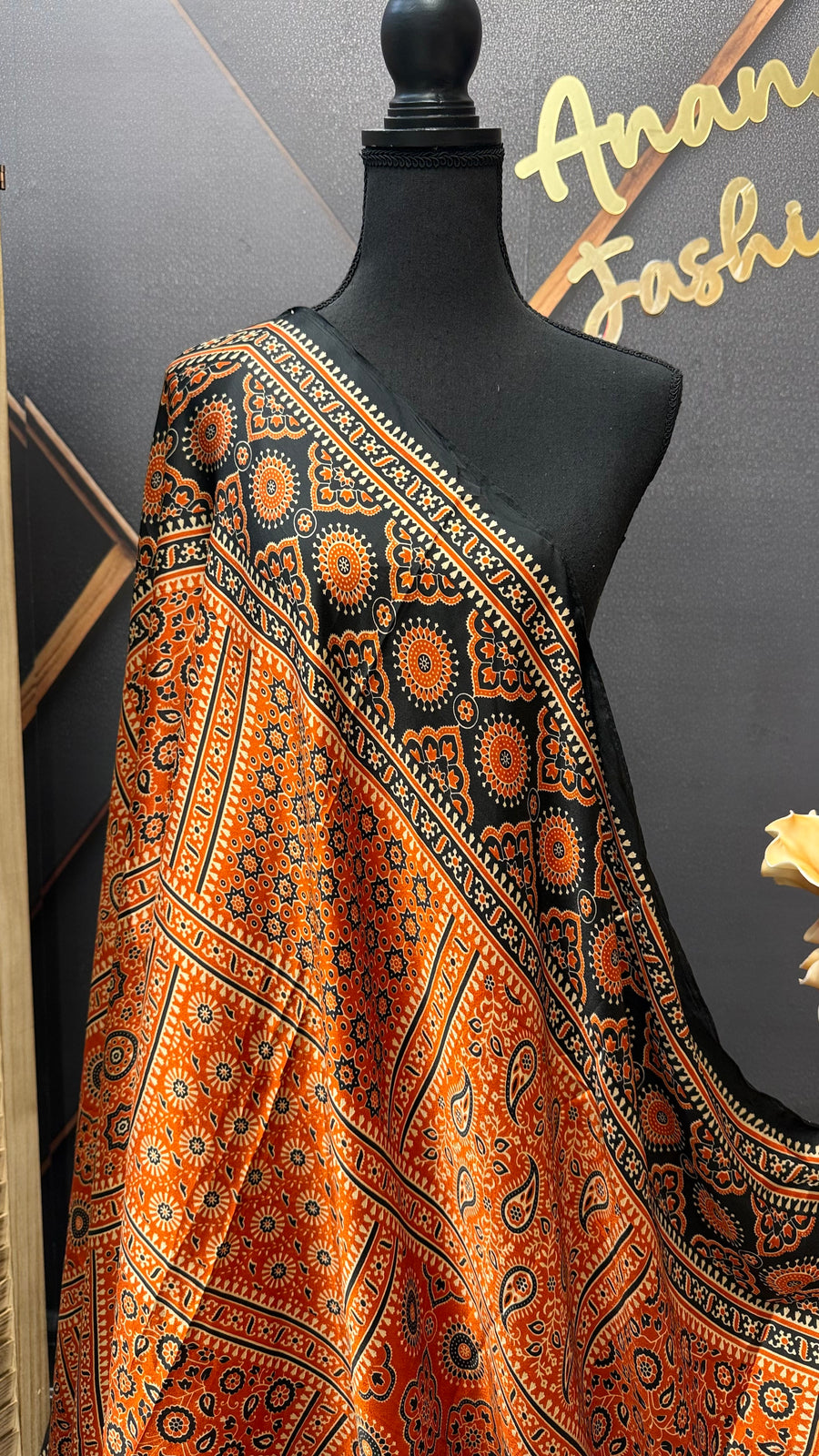 Ajrakh print Crape Silk Black Dupatta