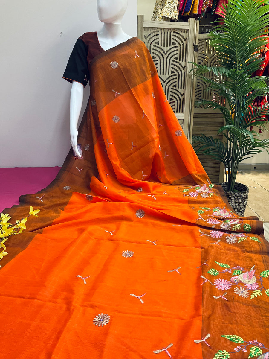 Mangalagiri Silk Orange Saree with stitched Blouse