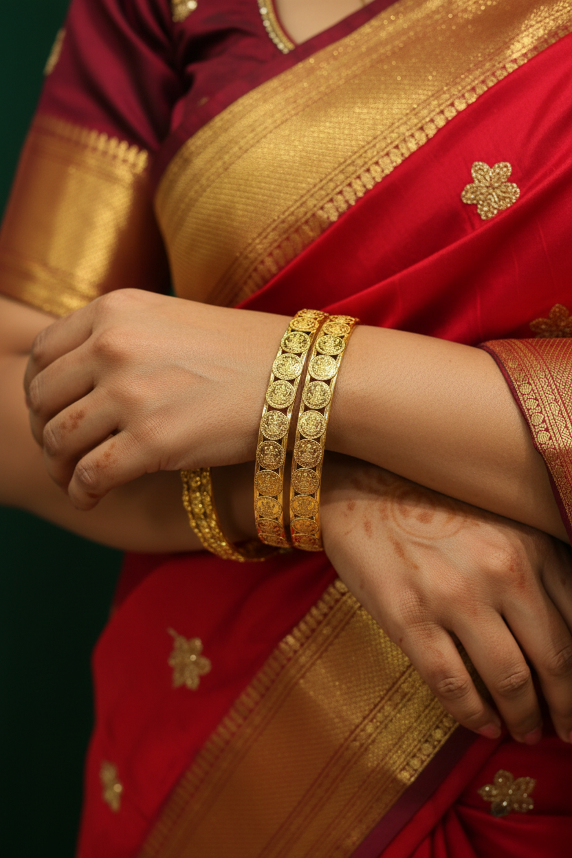Close-up of hands wearing traditional gold bangles paired with red and gold Indian saree from Anandi Fashions