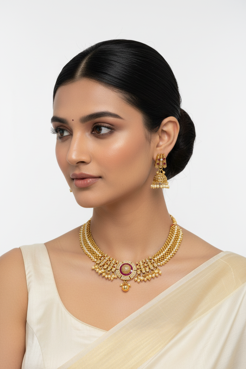 Maharastrian Thushi Necklace set with Pearls