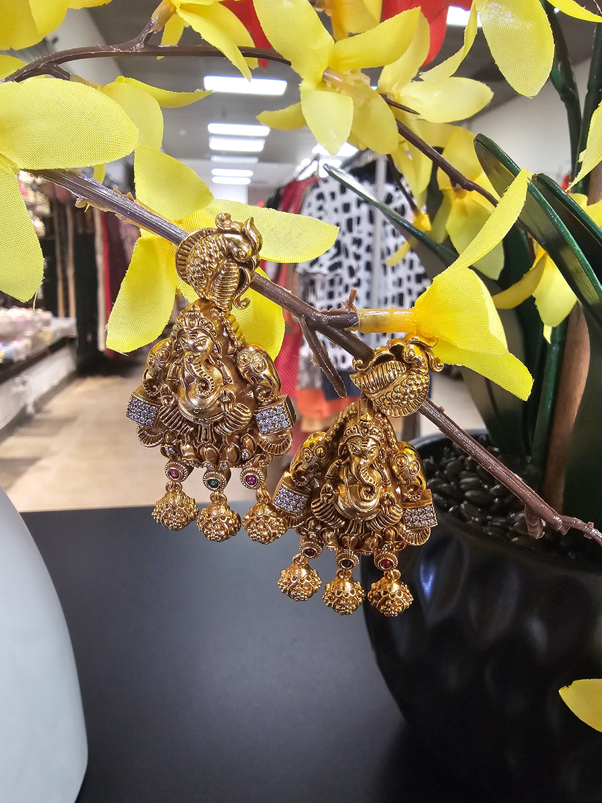 Indian Temple Jewelry - Gold  Finish Earrings with Ganesh Design image 0