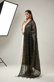 Model in white ethnic kurta with intricate pattern and sheer black embroidered dupatta, studio background
