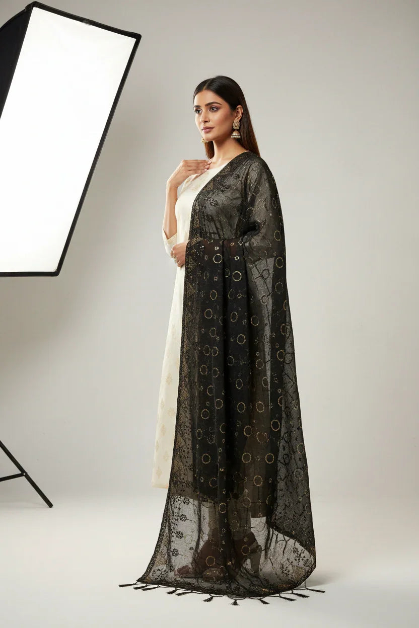 Model in white ethnic kurta with intricate pattern and sheer black embroidered dupatta, studio background