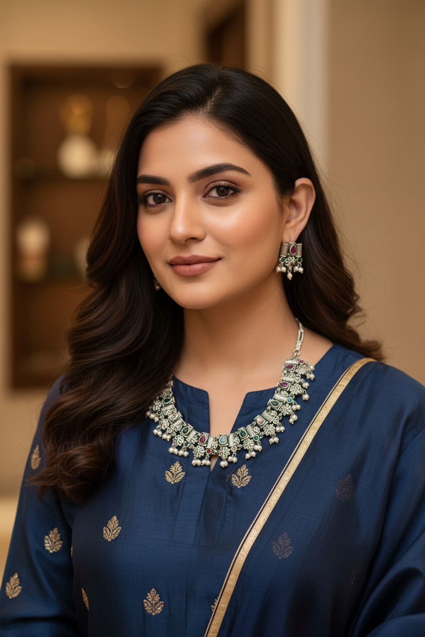 Woman wearing navy blue Indian ethnic kurta with gold motifs and traditional silver necklace and earrings
