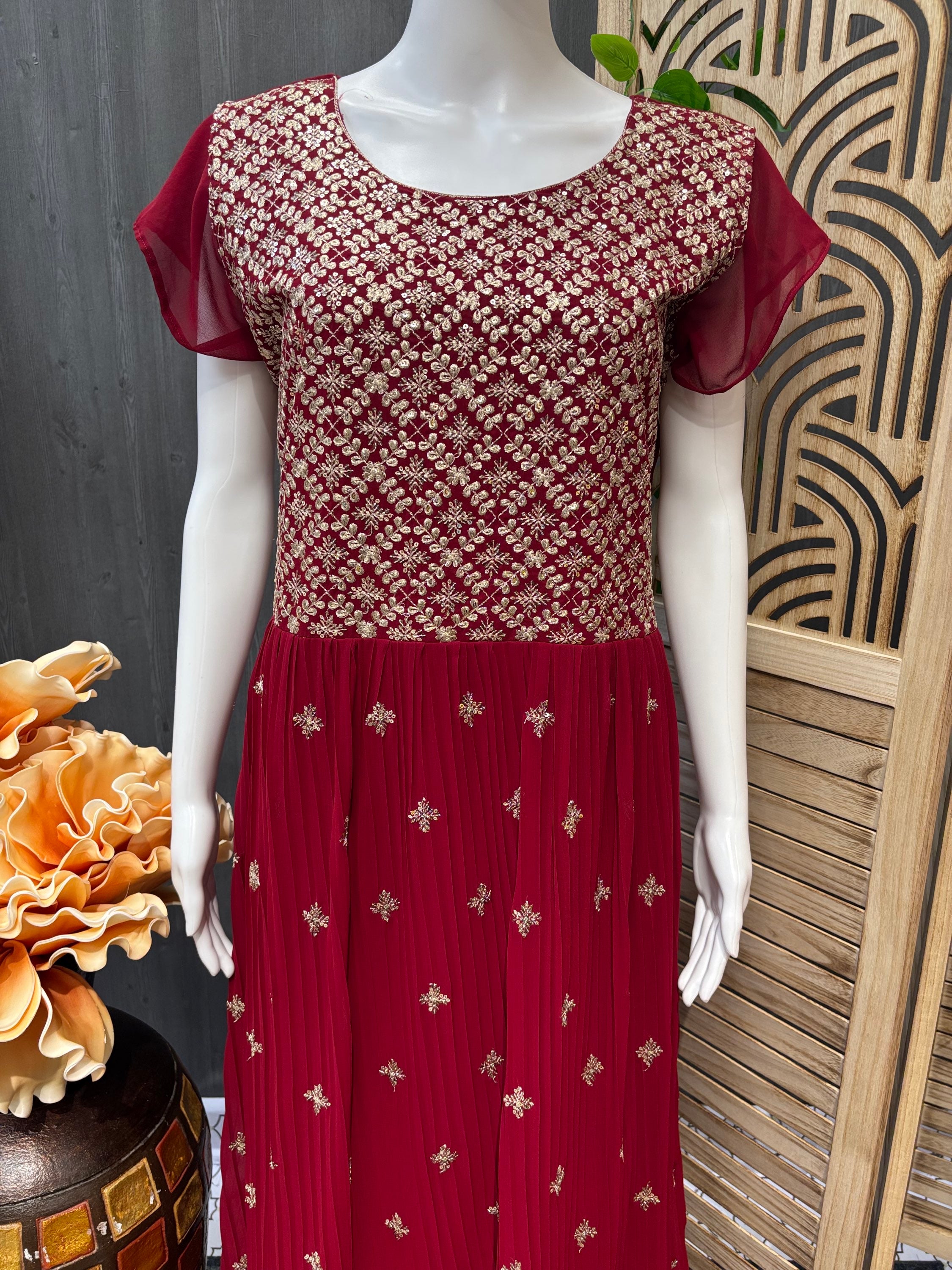 Maroon Red - Georgette Party wear Long Dress- Size 46/US XL image 1