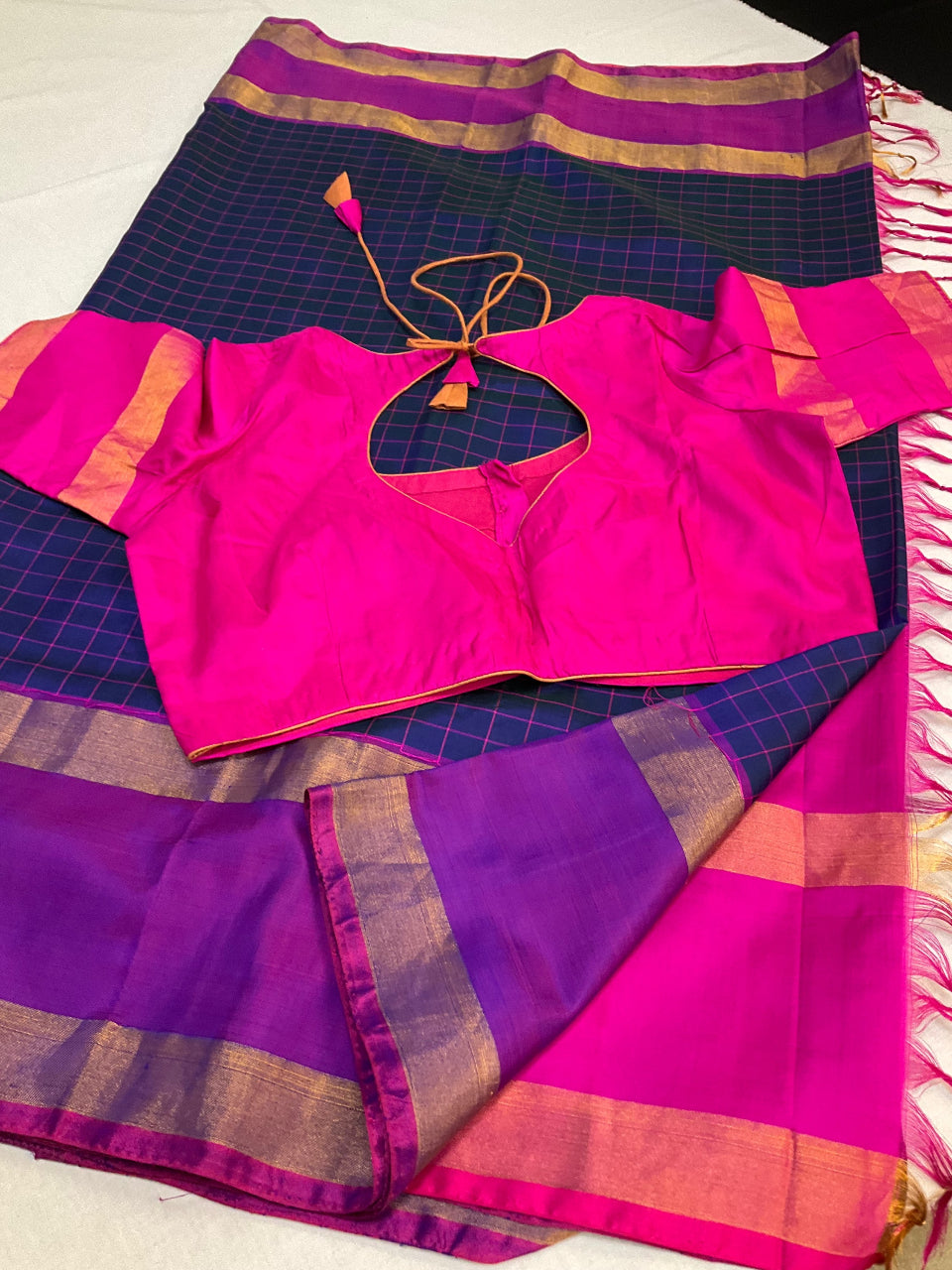 Premium Blue Checks Uppada Silk Saree with Stitched Blouse image 3