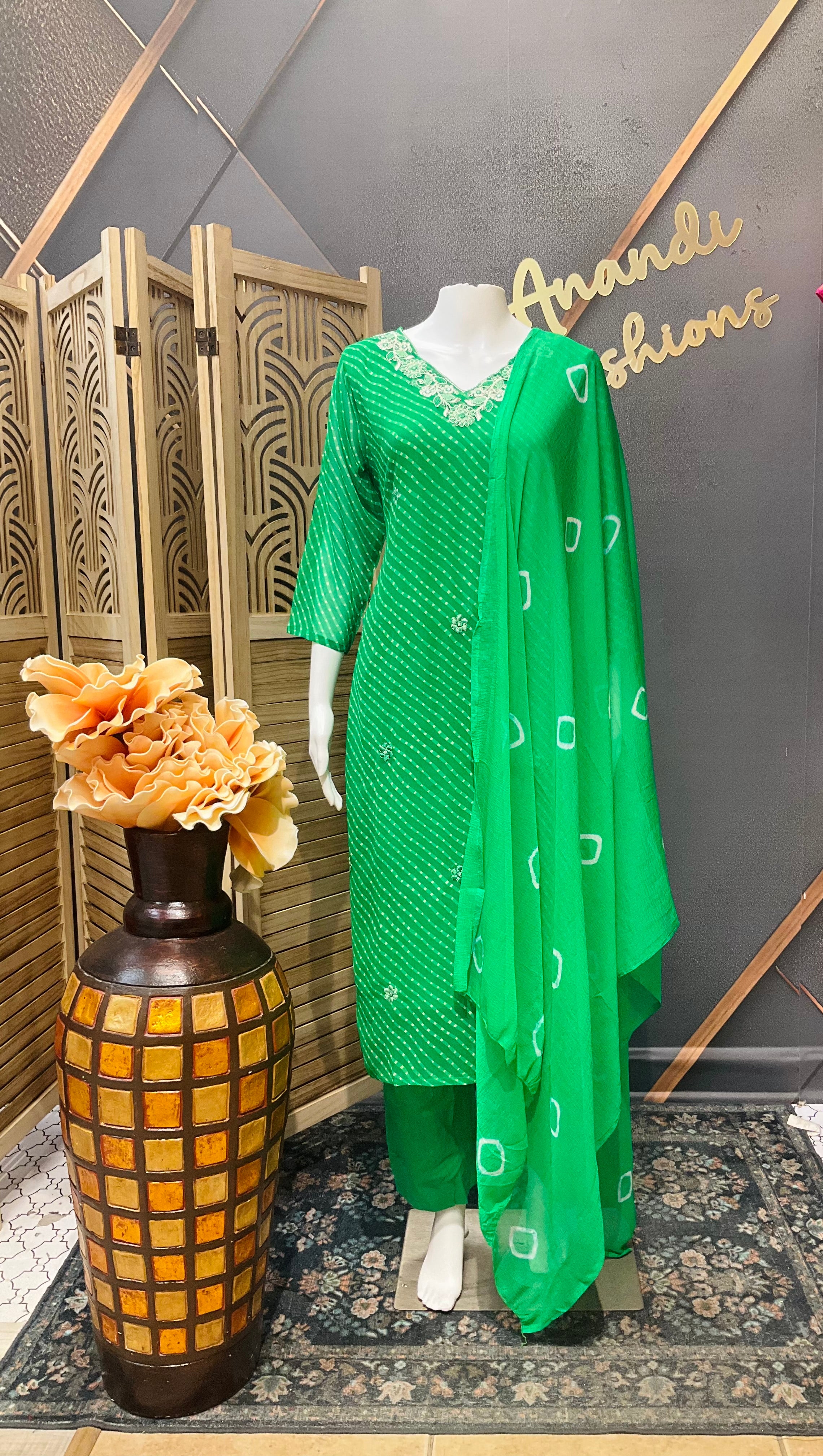 Green Leheriya Georgette Kurti set