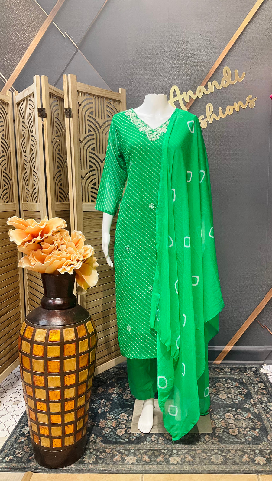 Green Leheriya Georgette Kurti set