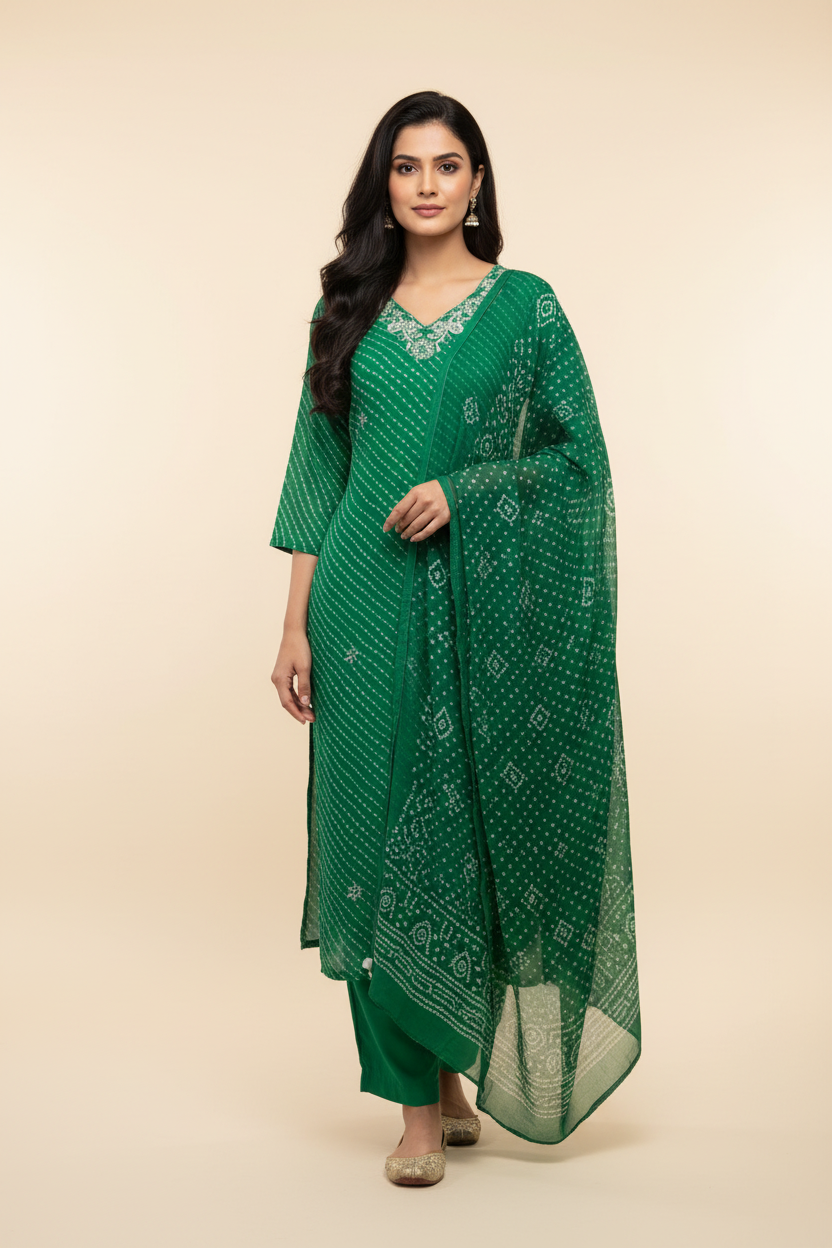 Green Leheriya Georgette Kurti set