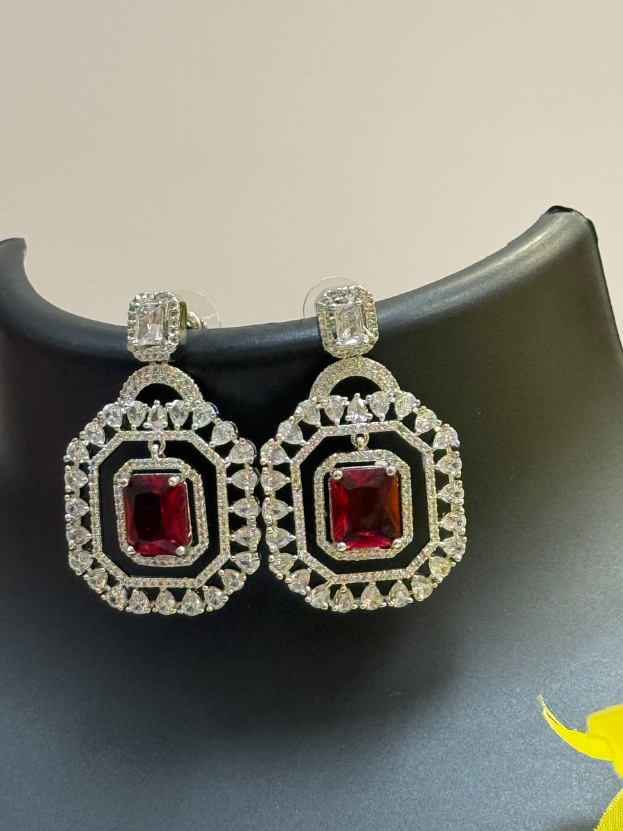 Silver Finish AD Earrings with Red Stone