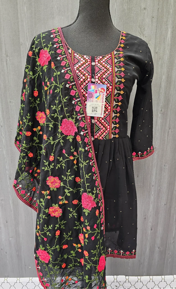 Size 36-Teenage Girls Georgette Black Sharara Set with Embroidery Work