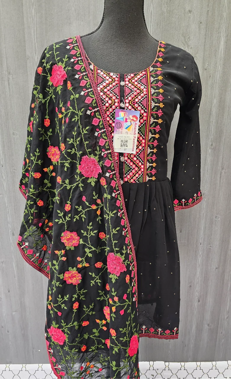Size 36-Teenage Girls Georgette Black Sharara Set with Embroidery Work