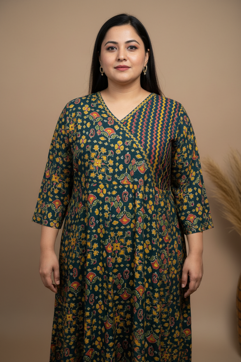 Plus Size Anarkali Pure Cotton Kurti - Angrakha Style with Prints