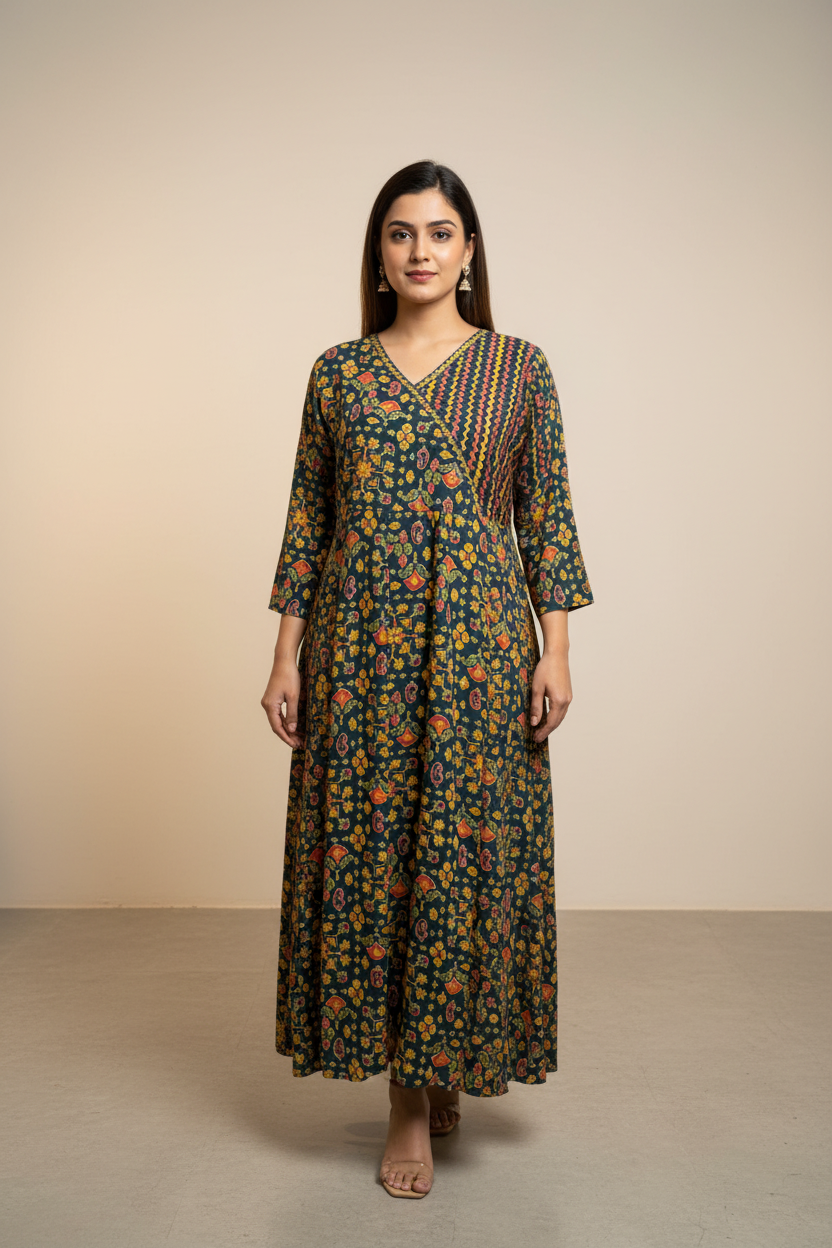 Plus Size Anarkali Pure Cotton Kurti - Angrakha Style with Prints