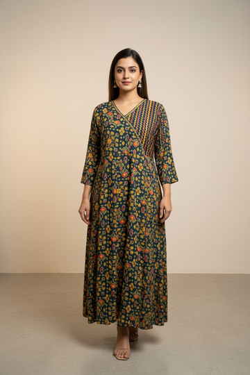 Plus Size Anarkali Pure Cotton Kurti - Angrakha Style with Prints
