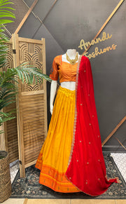 Teenage Girls Yellow & Red Semi Paithani Half saree/Lehenga set