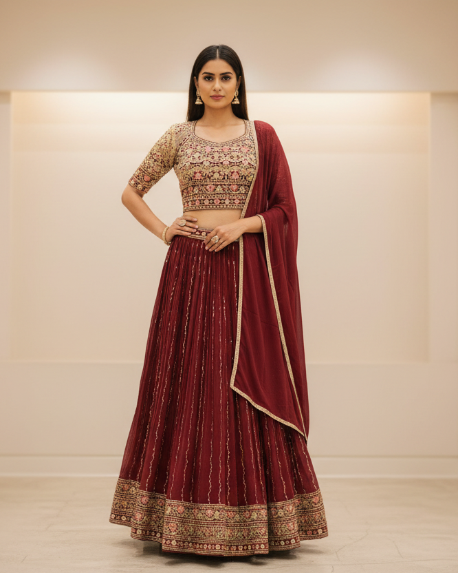 Onion Pink Chiffon Lehenga Set - Party & Wedding Wear