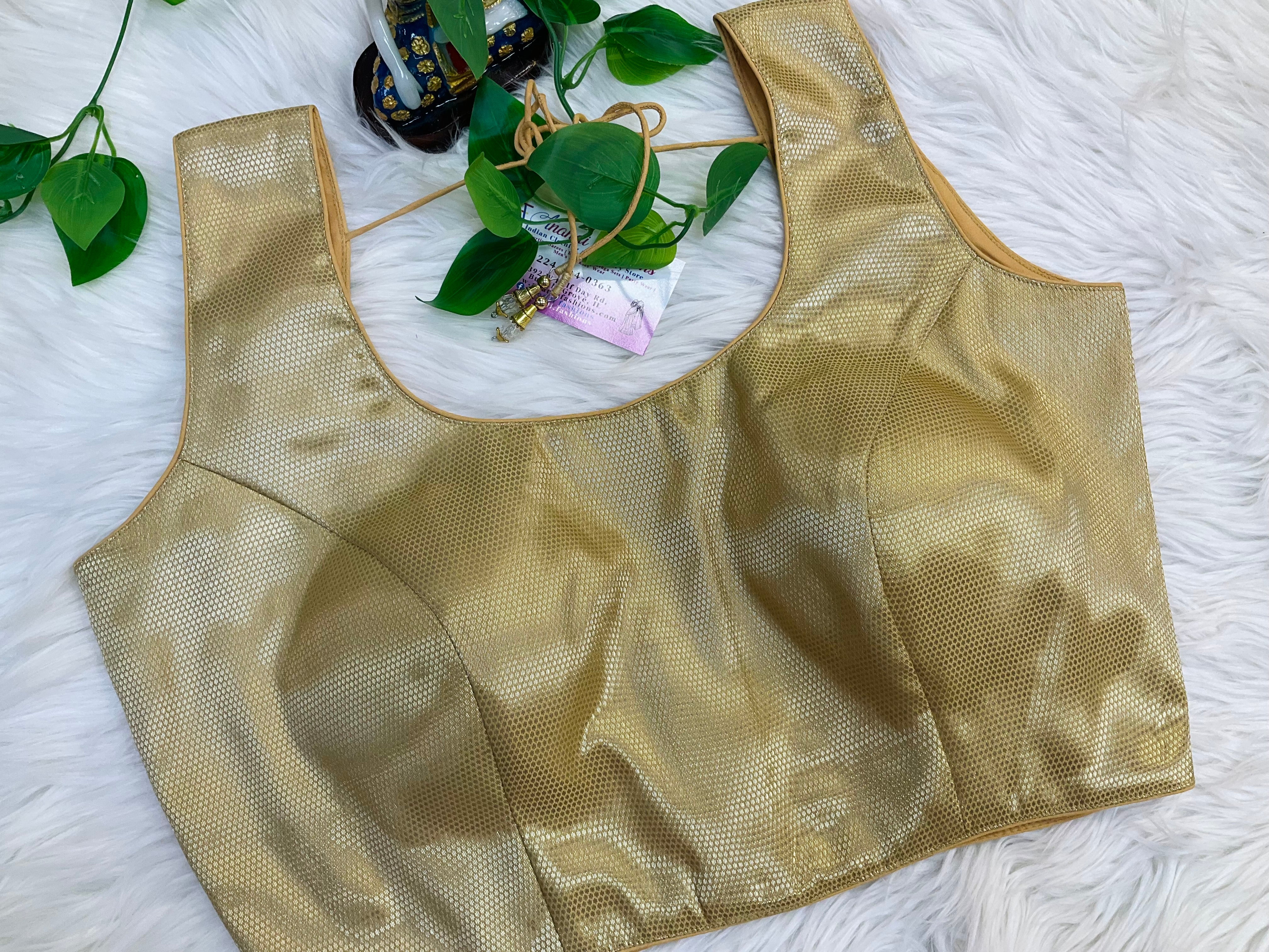 Size 38(fits upto 44)-Gold  Brocade sleeveless blouse- Back opening