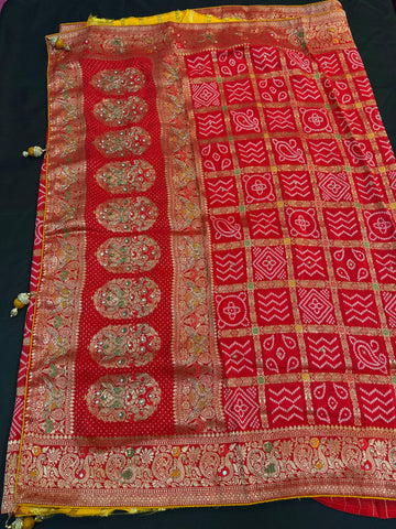 Premium Gharchola Bandhani Saree with Bead Embroidery - Contrast Blouse