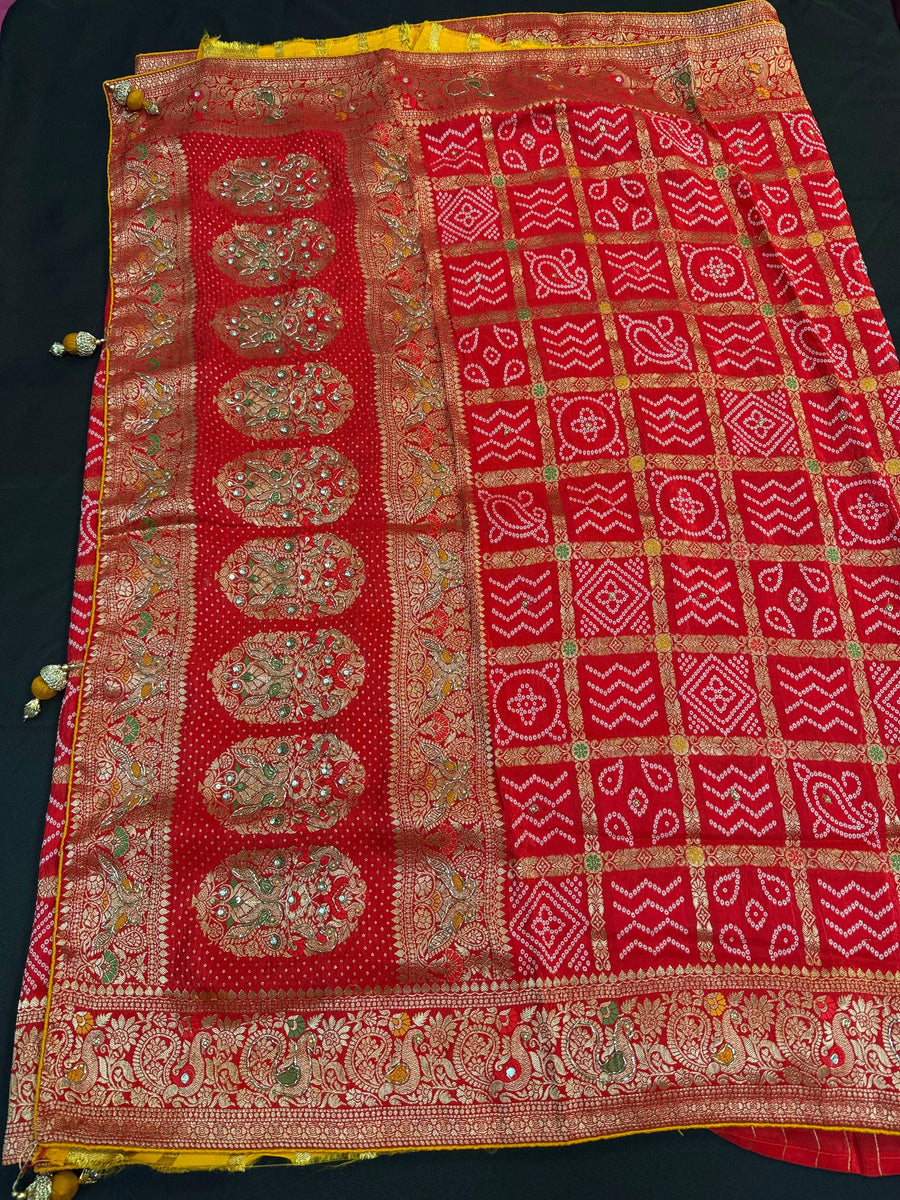 Premium Gharchola Bandhani Saree with Bead Embroidery - Contrast Blouse