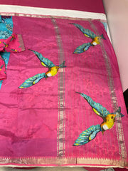 Mangalagiri Silk Digital Print Bird Design Saree with Stitched blouse