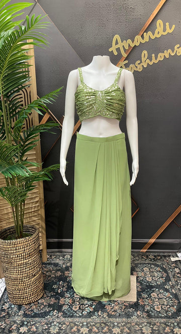 Indo Western Georgette Skirt Set with Embroidered Jacket - Thin Strap Blouse