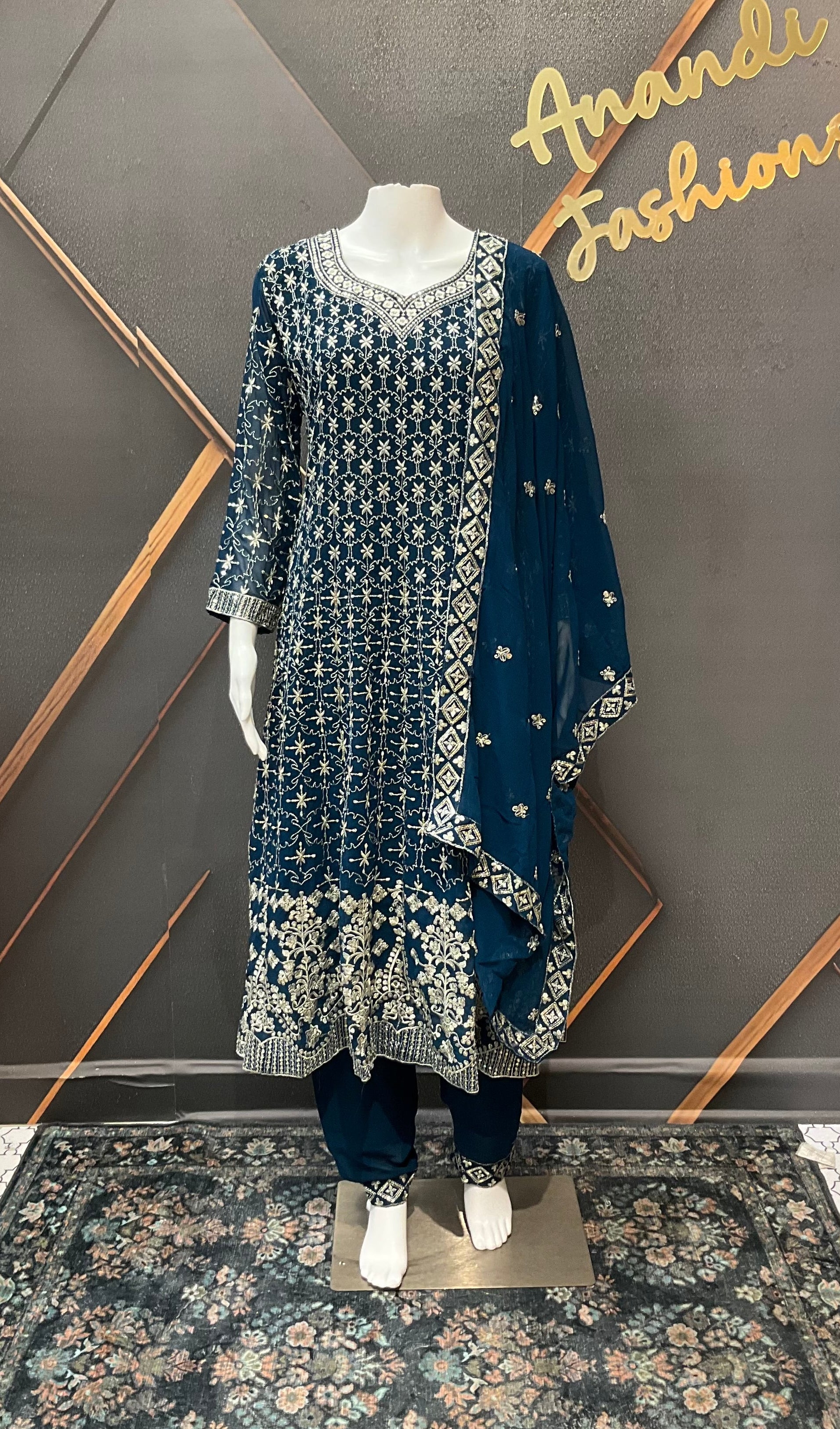 Teal Blue Georgette Anarkali Model Party Wear Kurti set