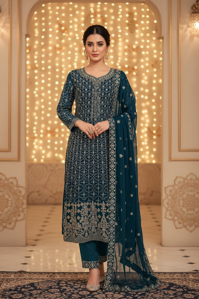 Teal Blue Georgette Anarkali Model Party Wear Kurti set