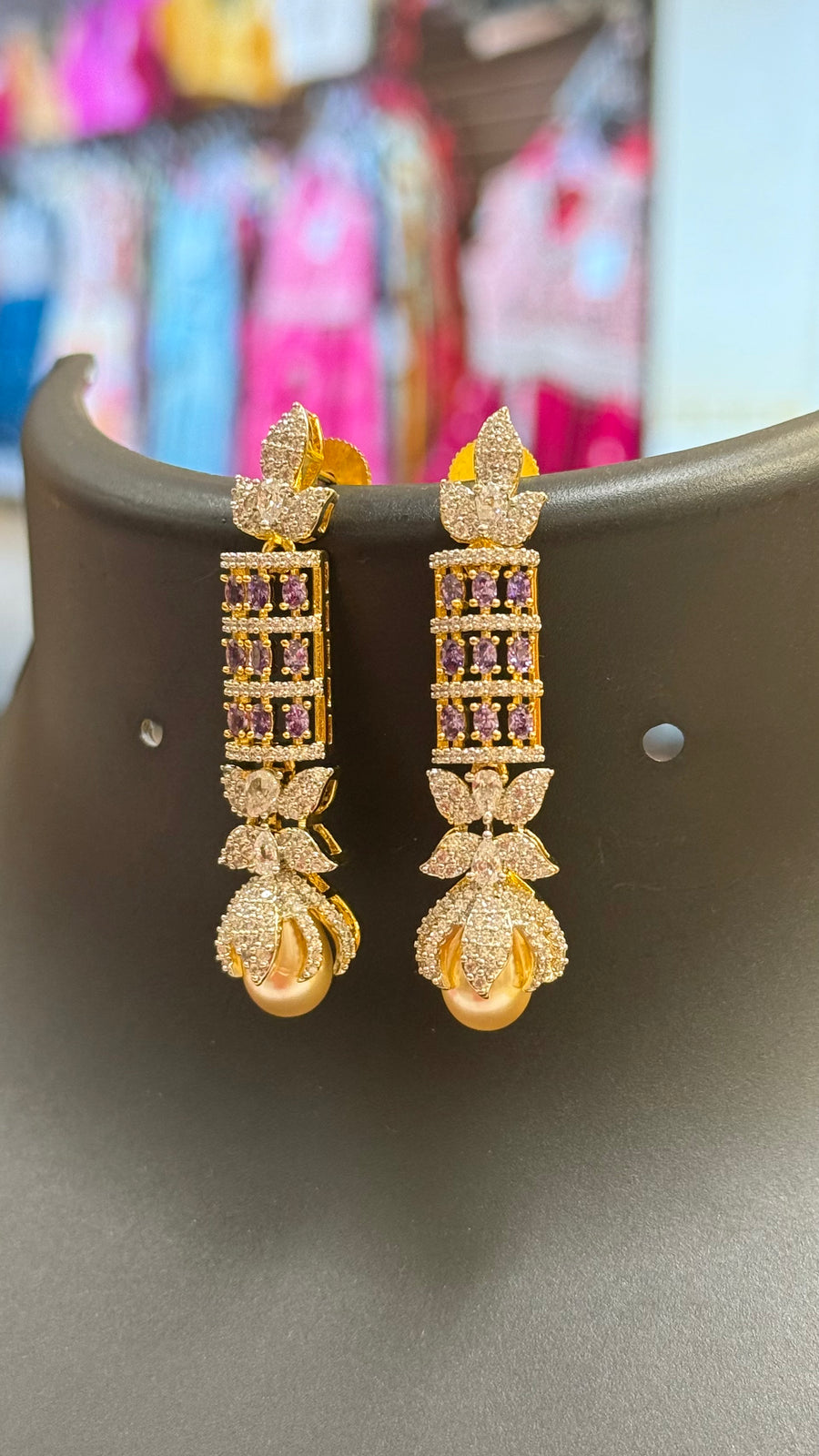 CZ Earrings with Pearl Hanging Lavender