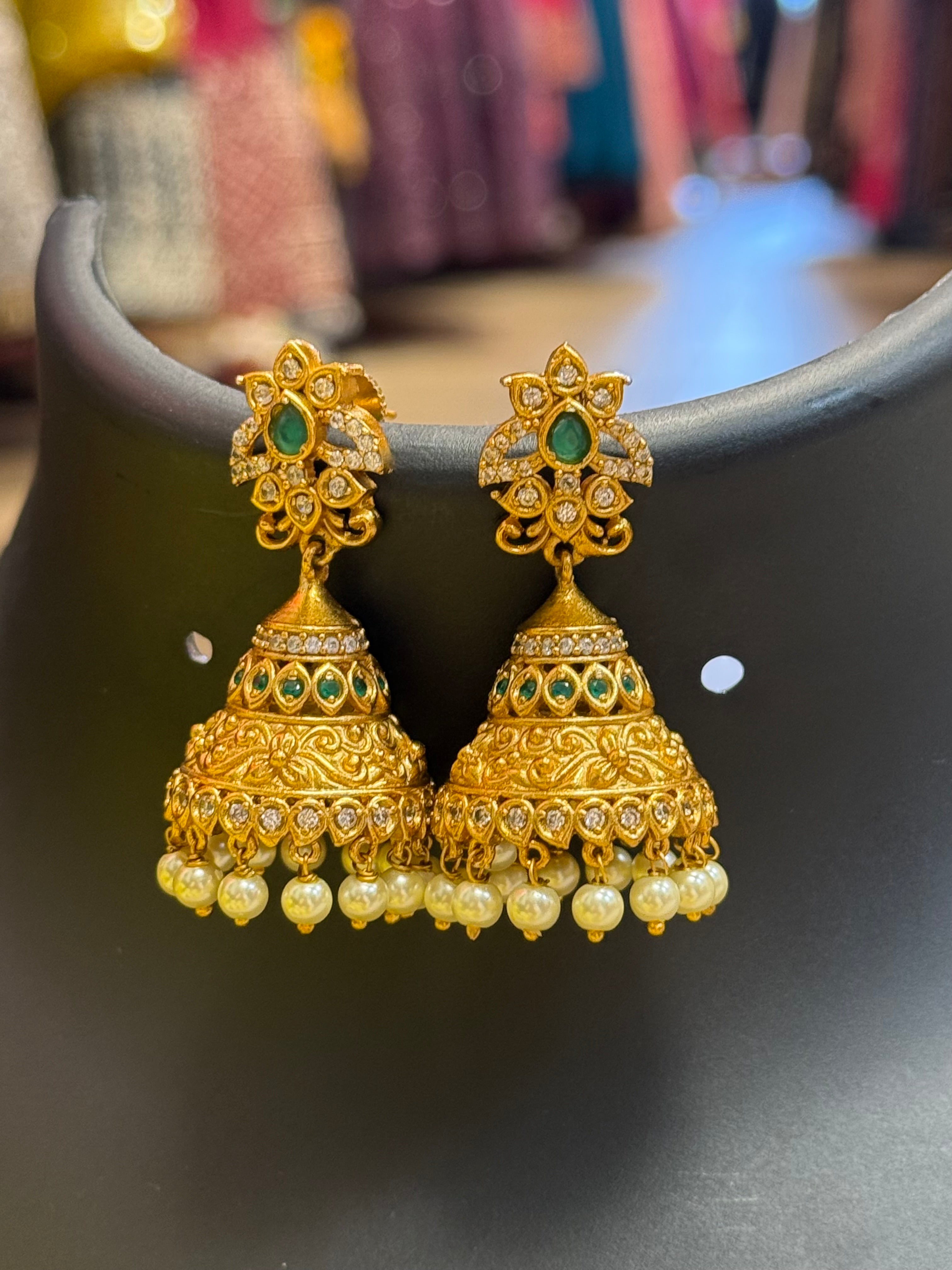 MattFinish Jhumkas/Earrings with AD Stones - Emerald Stones