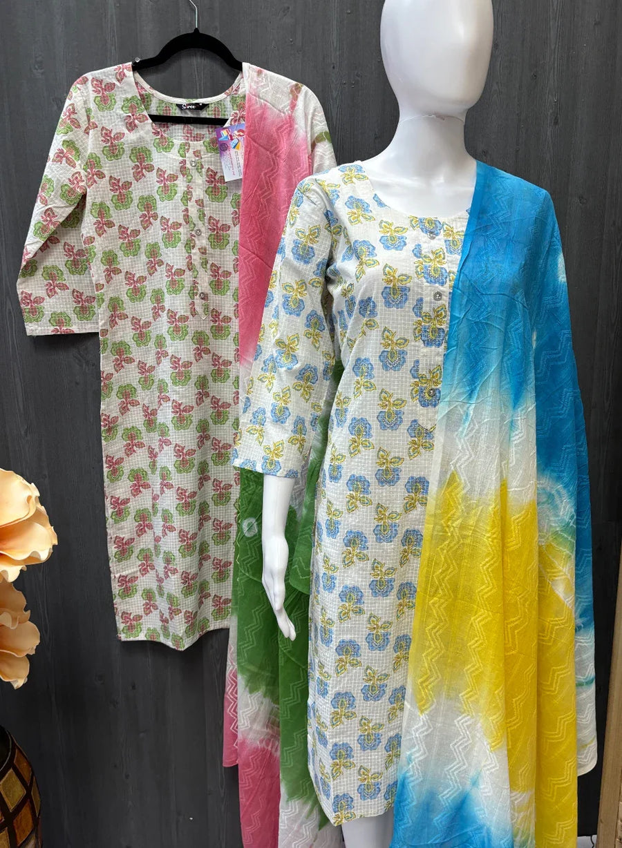 White color pure cotton Print Summer kurti set