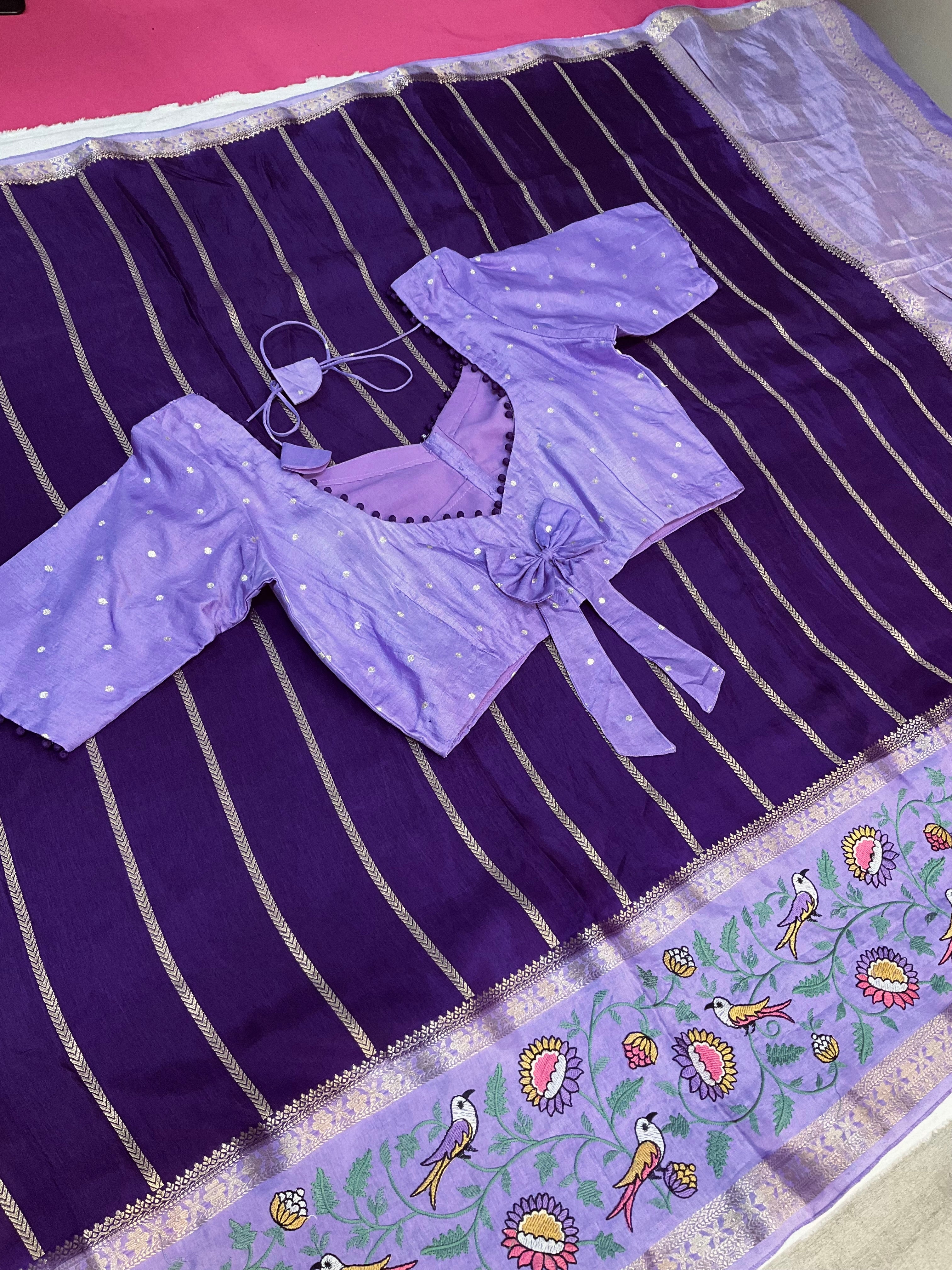 Purple Benarasi saree with Stitched Blouse