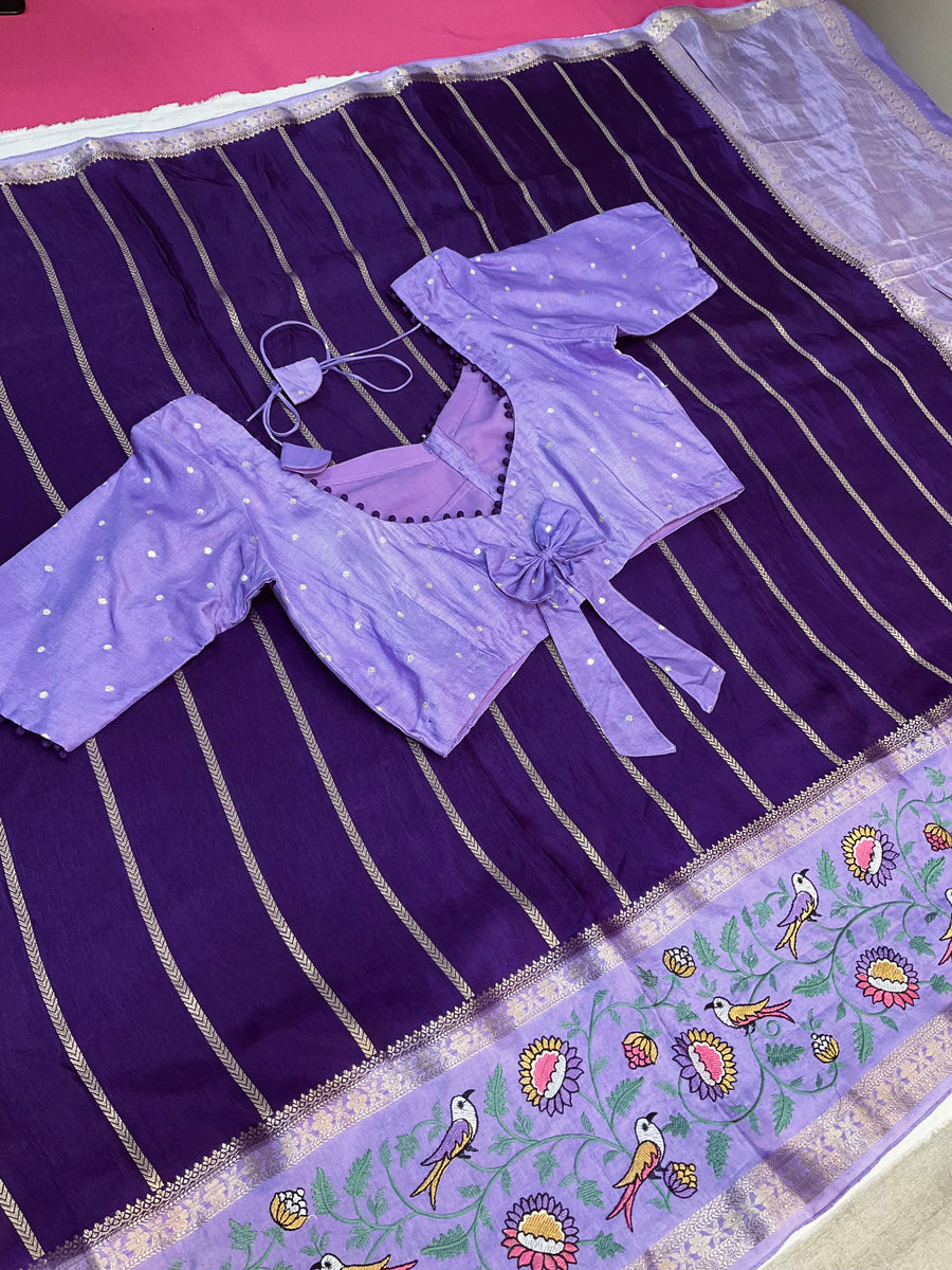 Purple Benarasi saree with Stitched Blouse