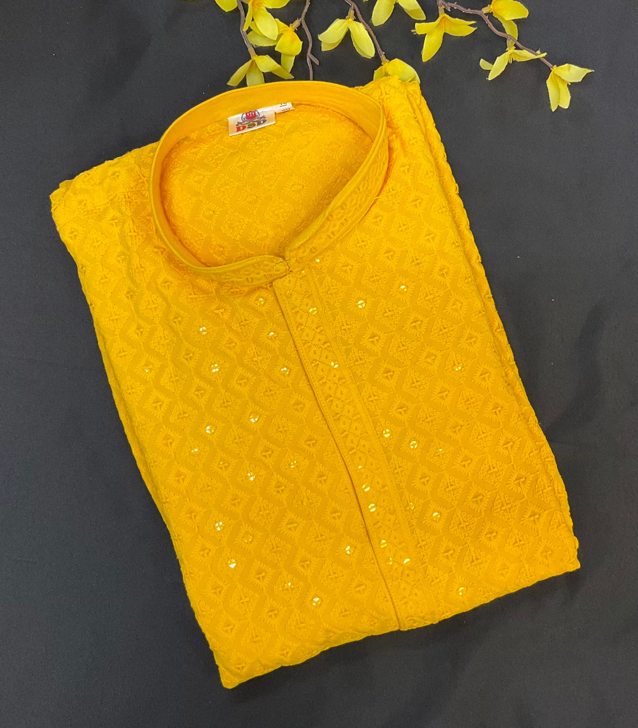 Mens Wear - Yellow Chikankari Rayon Kurta sets- Size 40/44