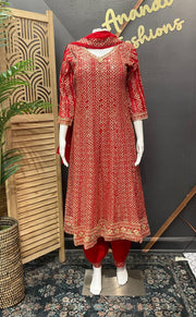 Red Heavy Work Georgette Anarkali Kurti Set Size 38 - Gold Zari Party Wear