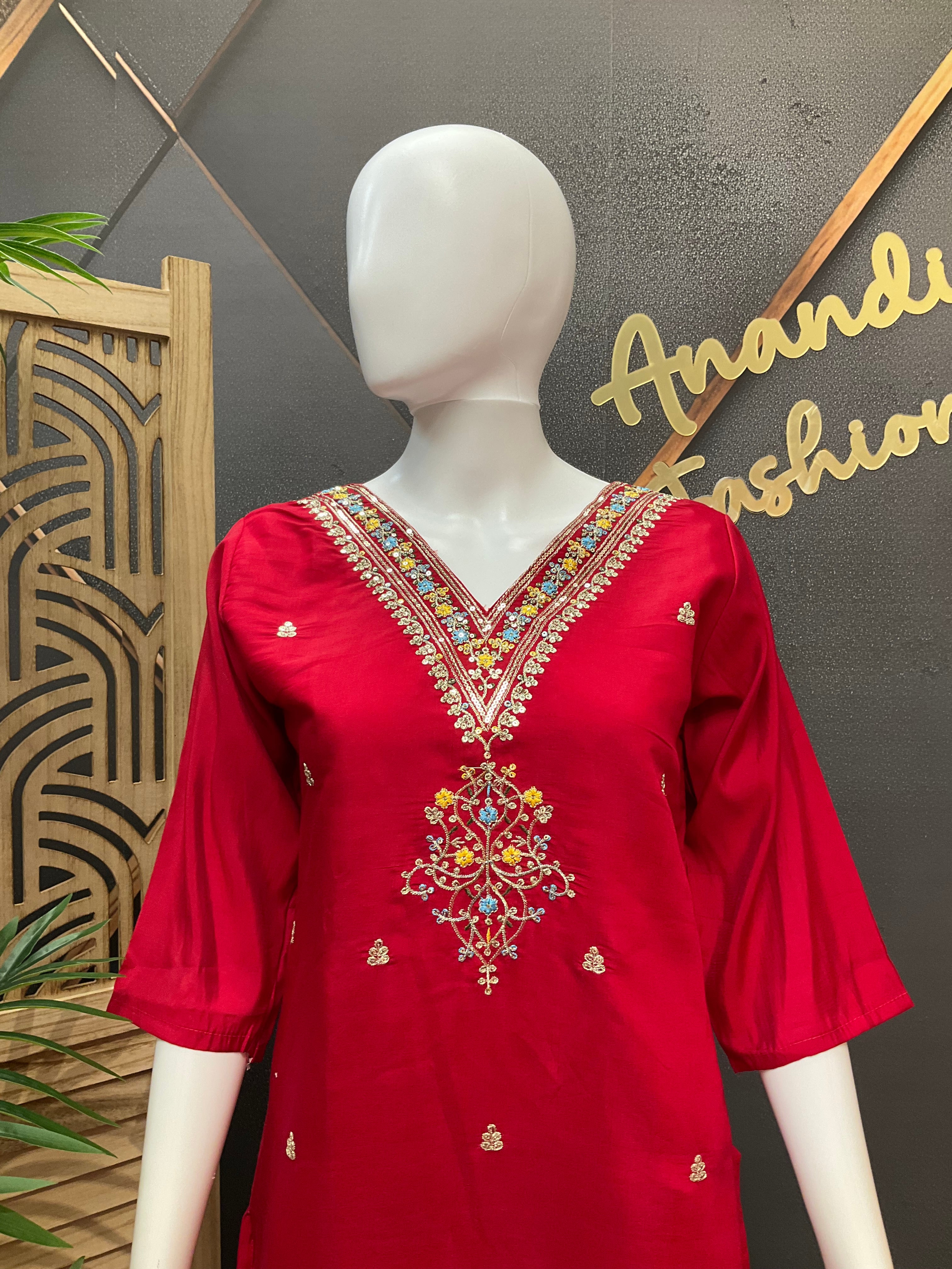 Red Embroidery work Kurti