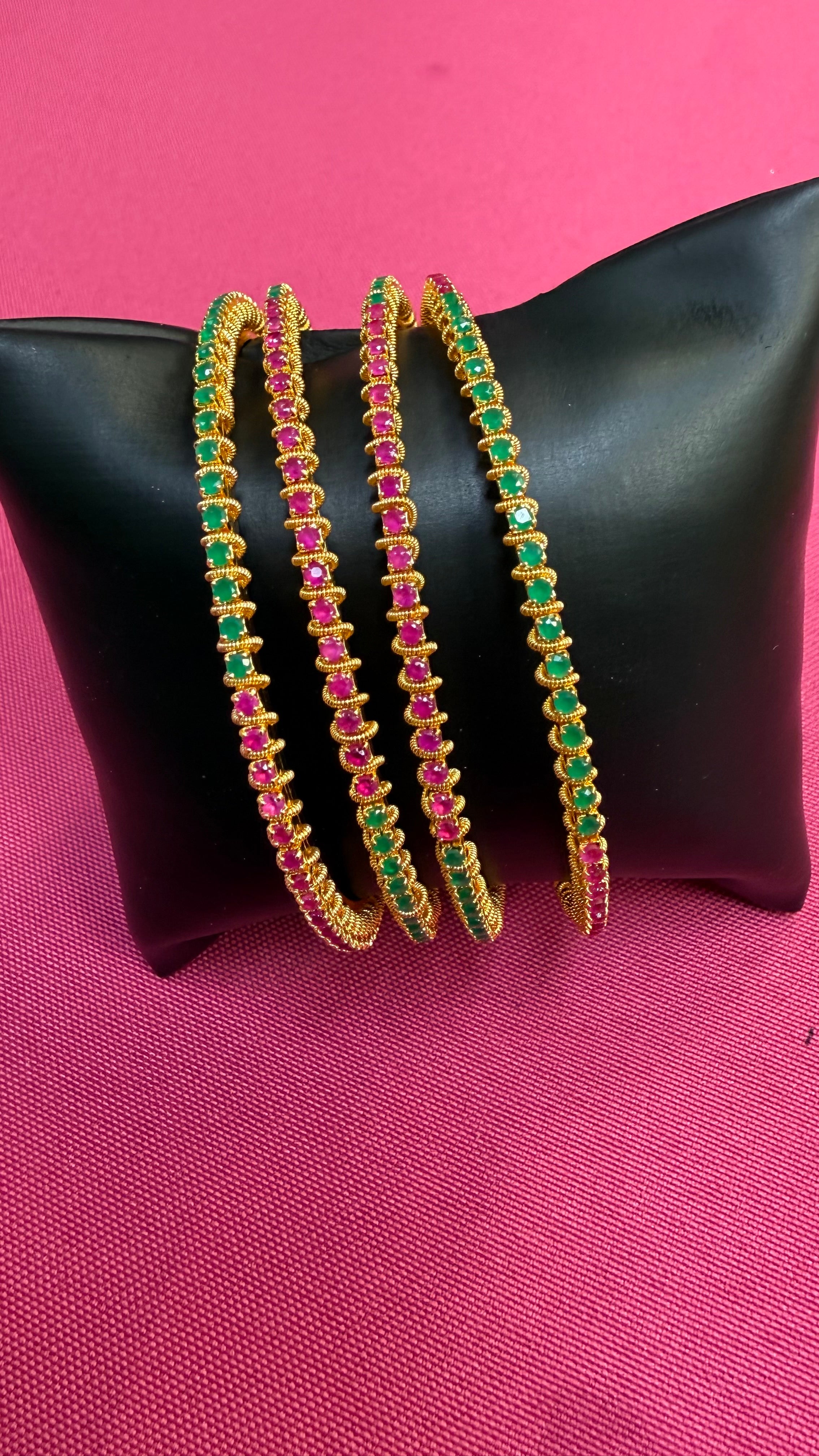 Gold Finish - Pink & Green Stones Thin Bangles set - set of 4