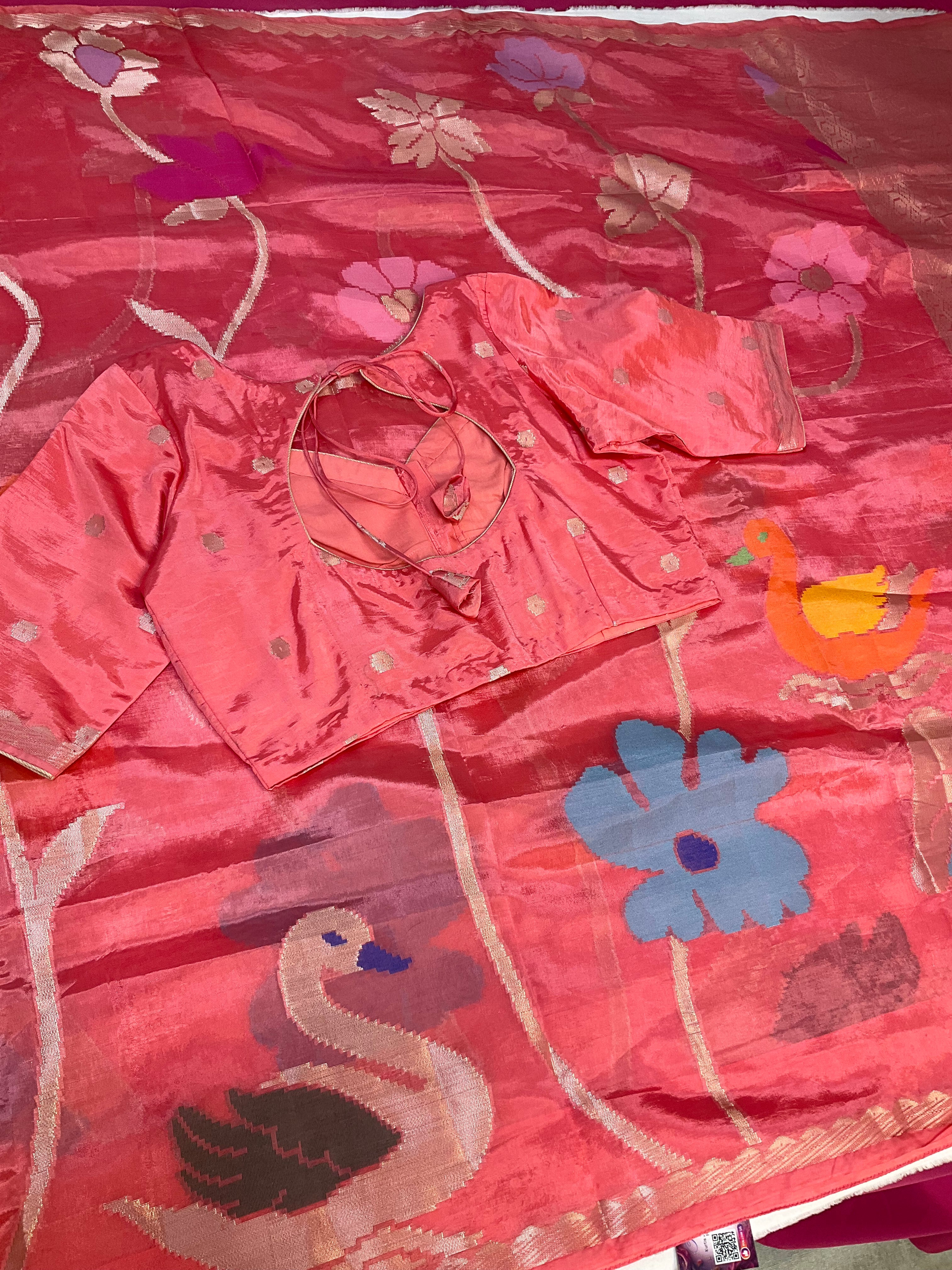 Peach color Paper Silk Saree with stitched blouse