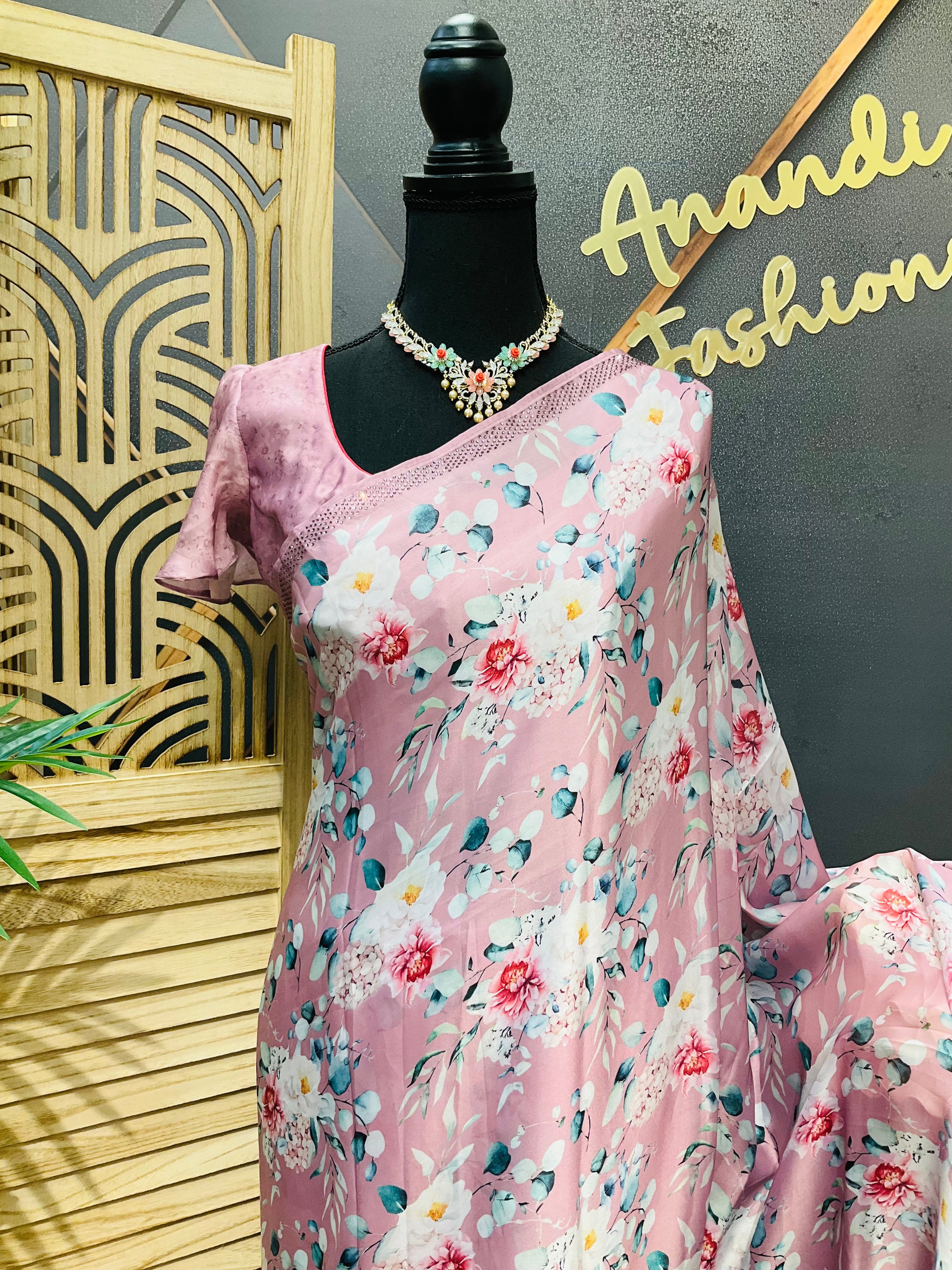 Crape Silk Digital print Floral sarees with stitched blouse