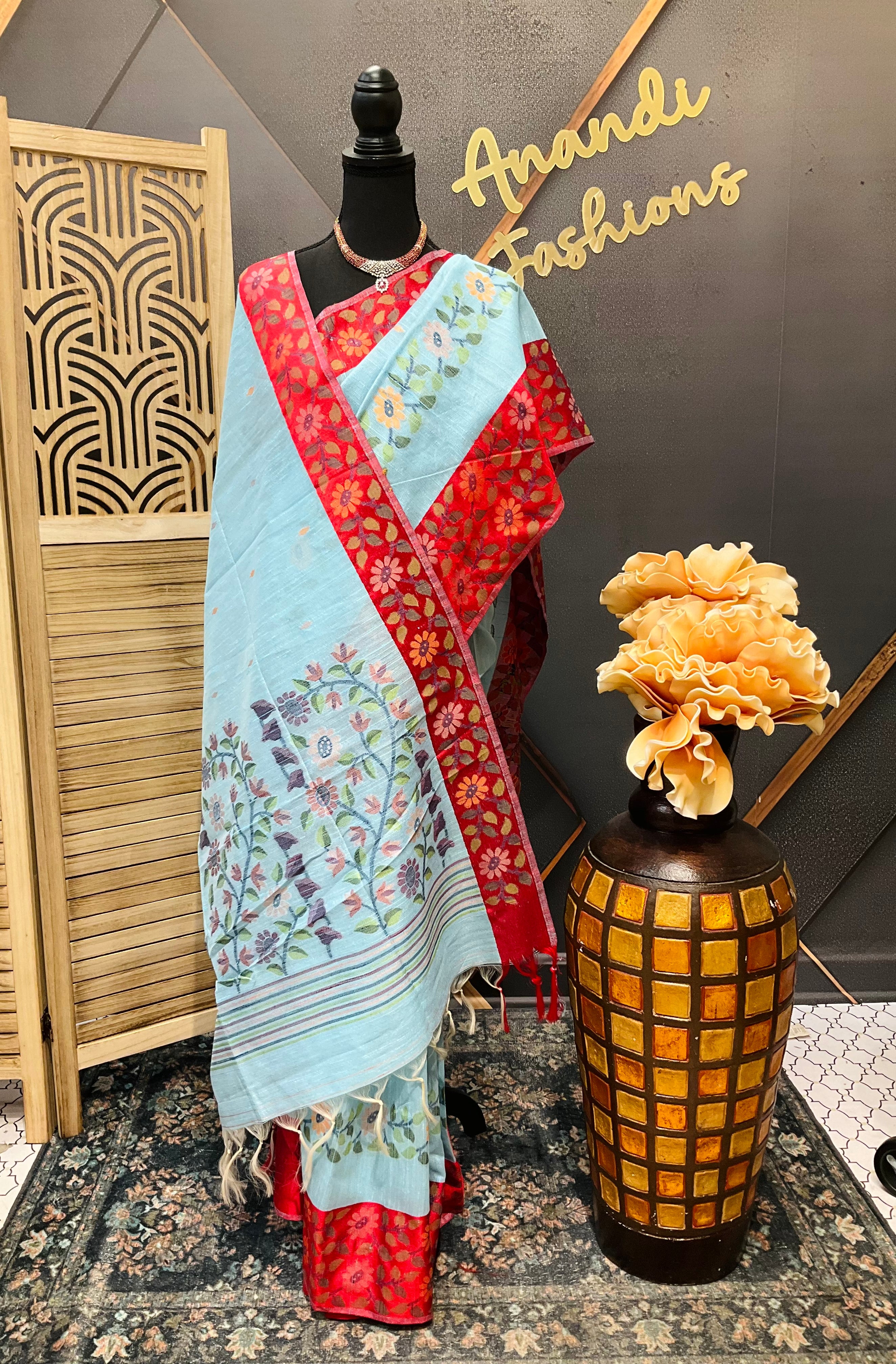 Blue-Lenin Jamdhani weaving Saree with Stitched blouse-fall pico done