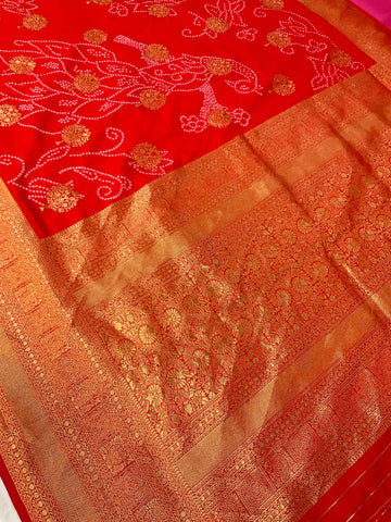 Red Bandhani Weaving Semi Silk Saree with Stitched Blouse