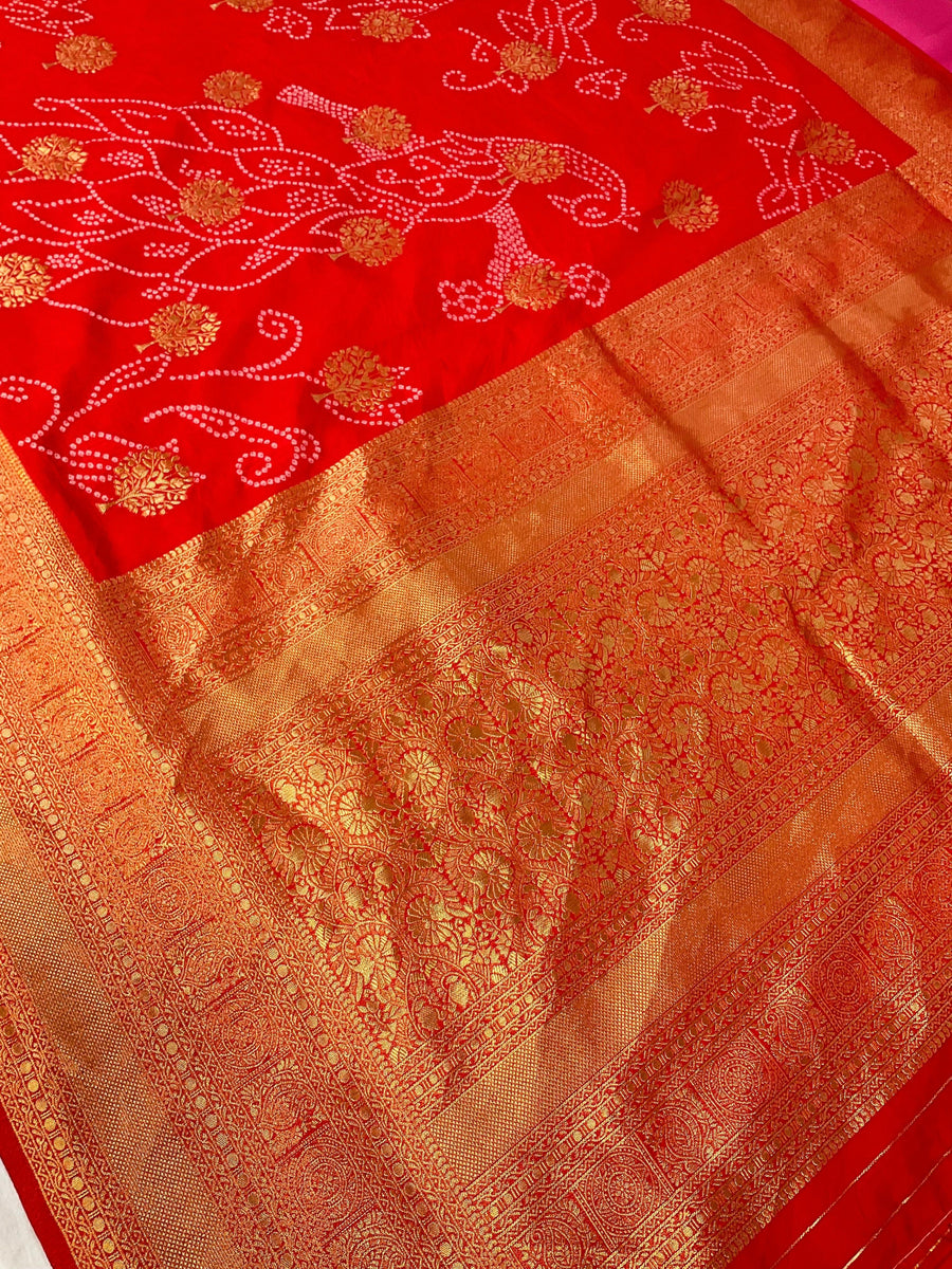 Red Bandhani Weaving Semi Silk Saree with Stitched Blouse