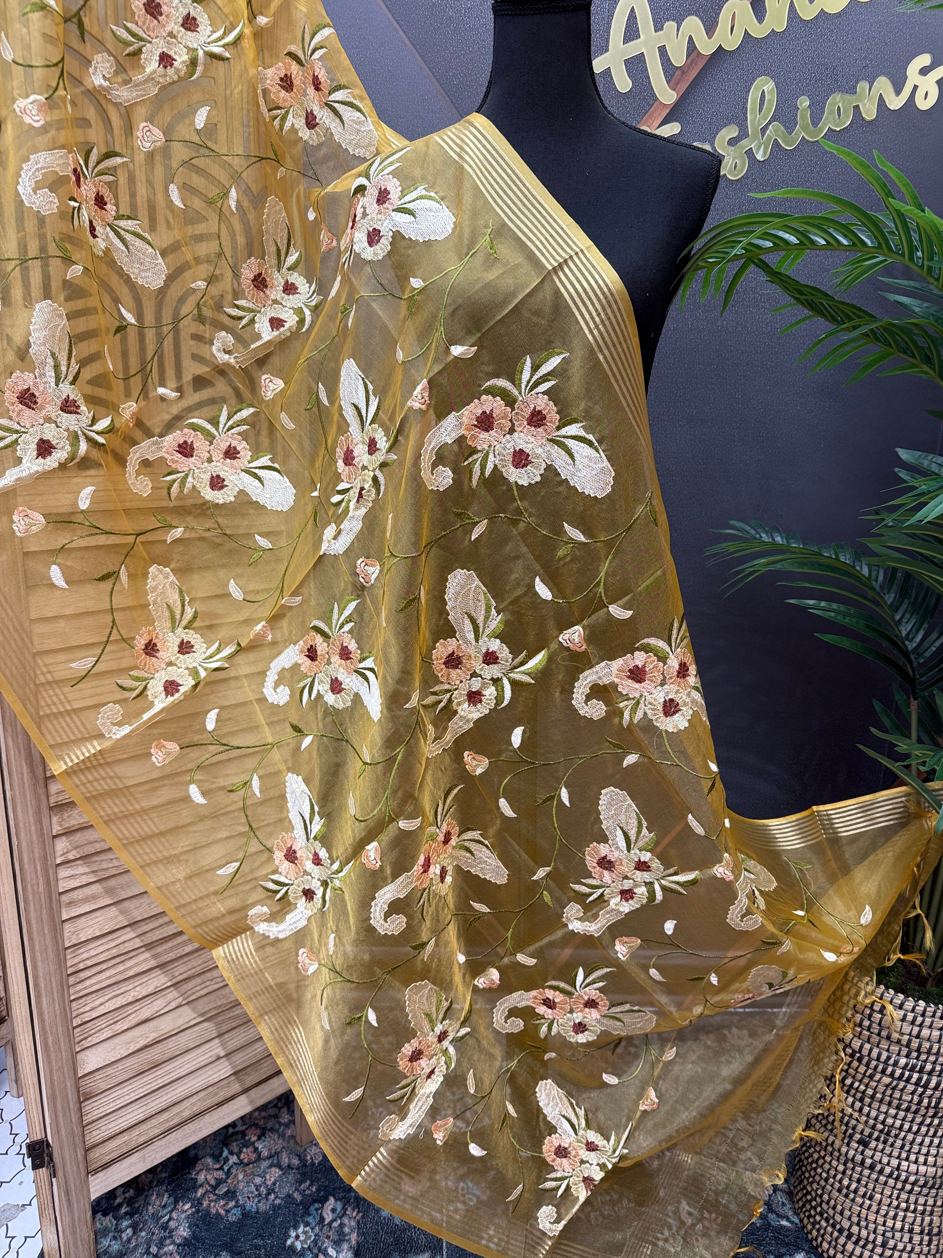 Yellow Organza Embroidered Dupattas