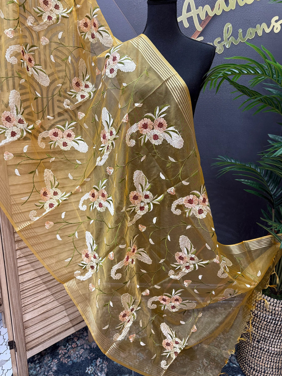 Yellow Organza Embroidered Dupattas