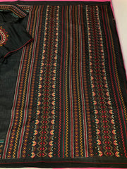 Black Designer Kantha Work Tussar Saree with Stitched Blouse
