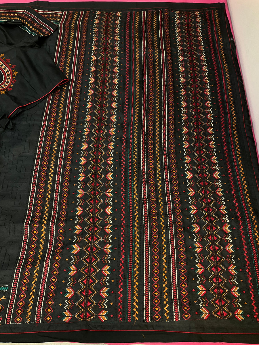 Black Designer Kantha Work Tussar Saree with Stitched Blouse