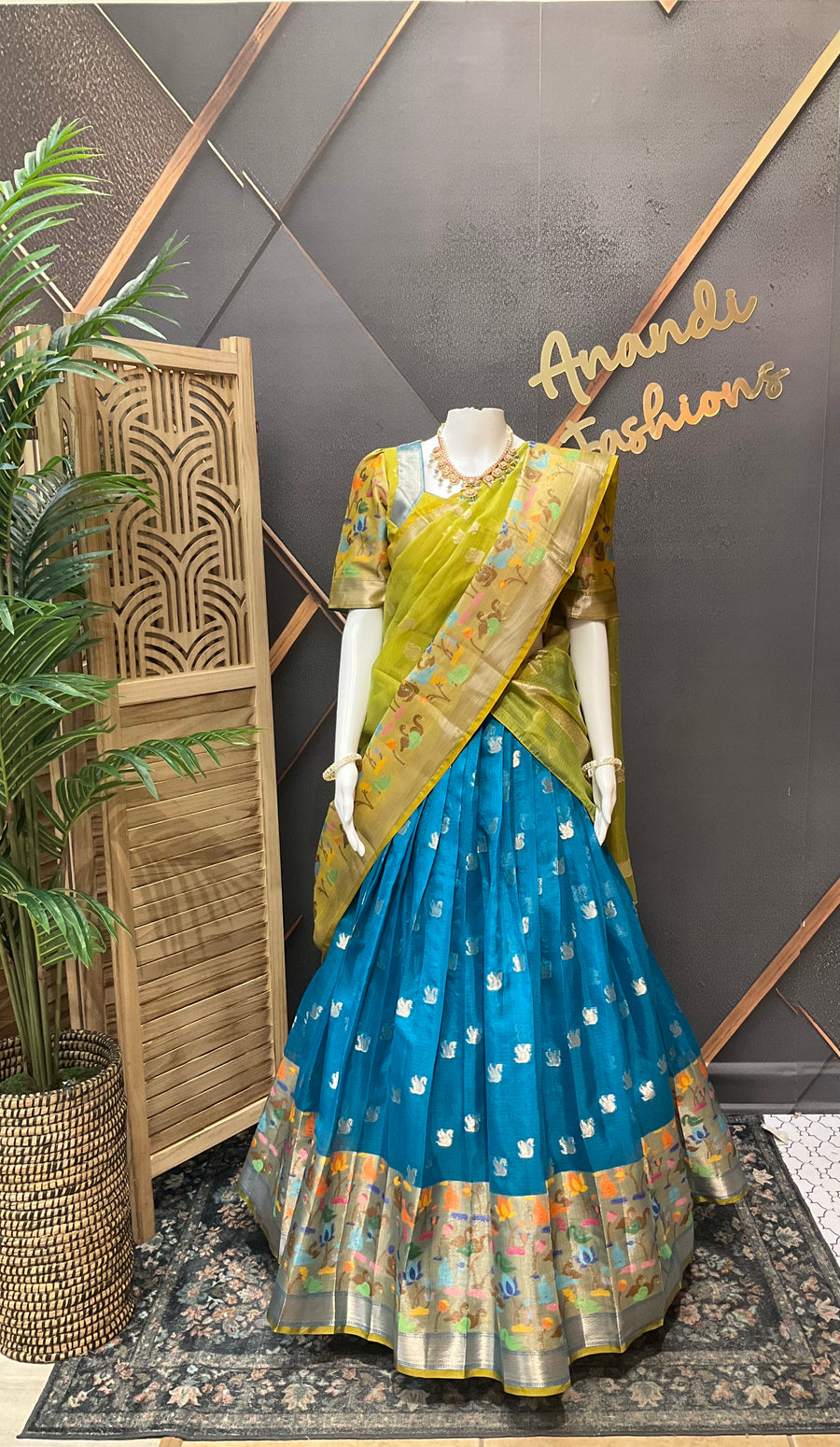 Green & Blue Silk Kota Half Saree set