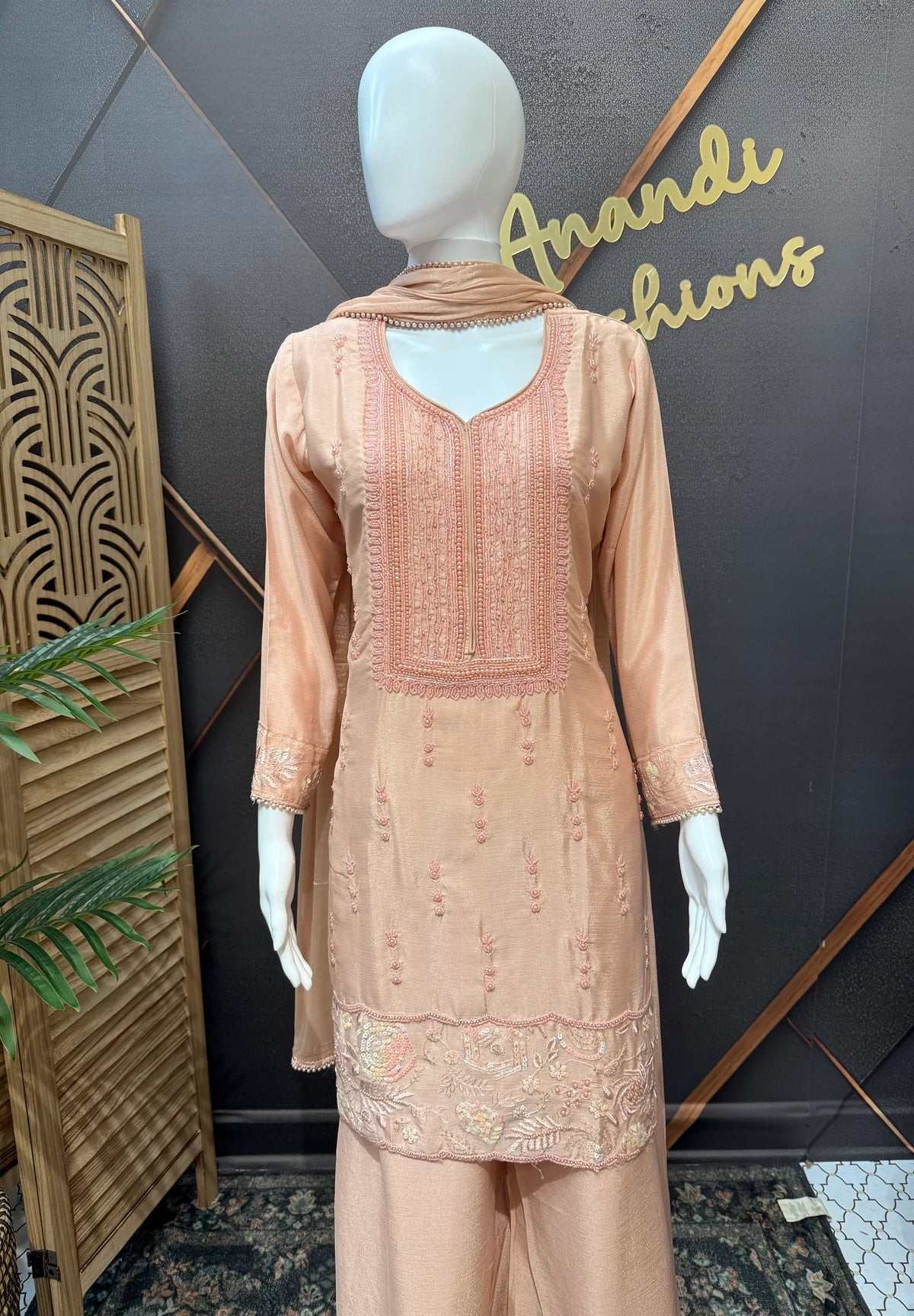 Pastel Pink Party Wear Palazzo Set - Satin Silk with Bead Embroidery