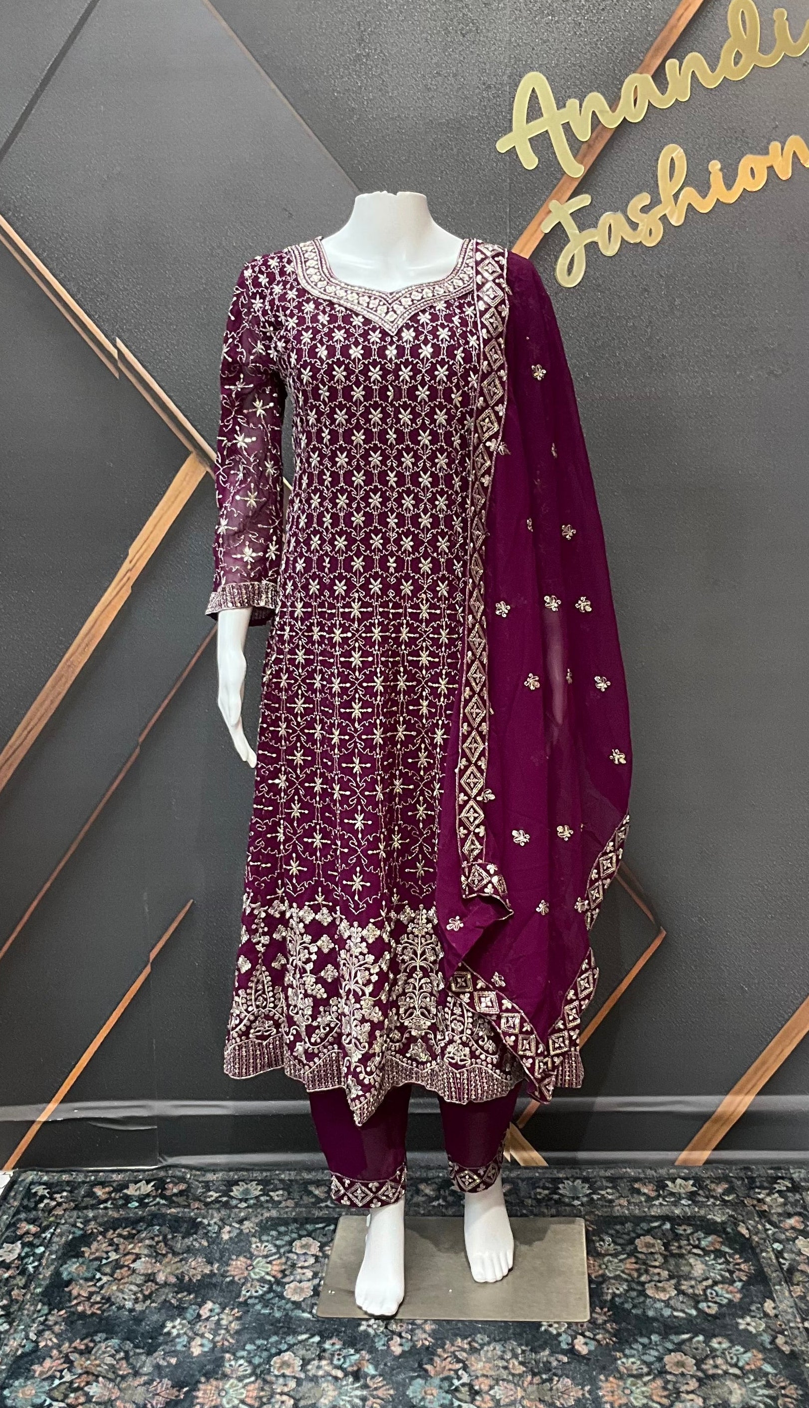 Wine Georgette Anarkali Model Party Wear Kurti set